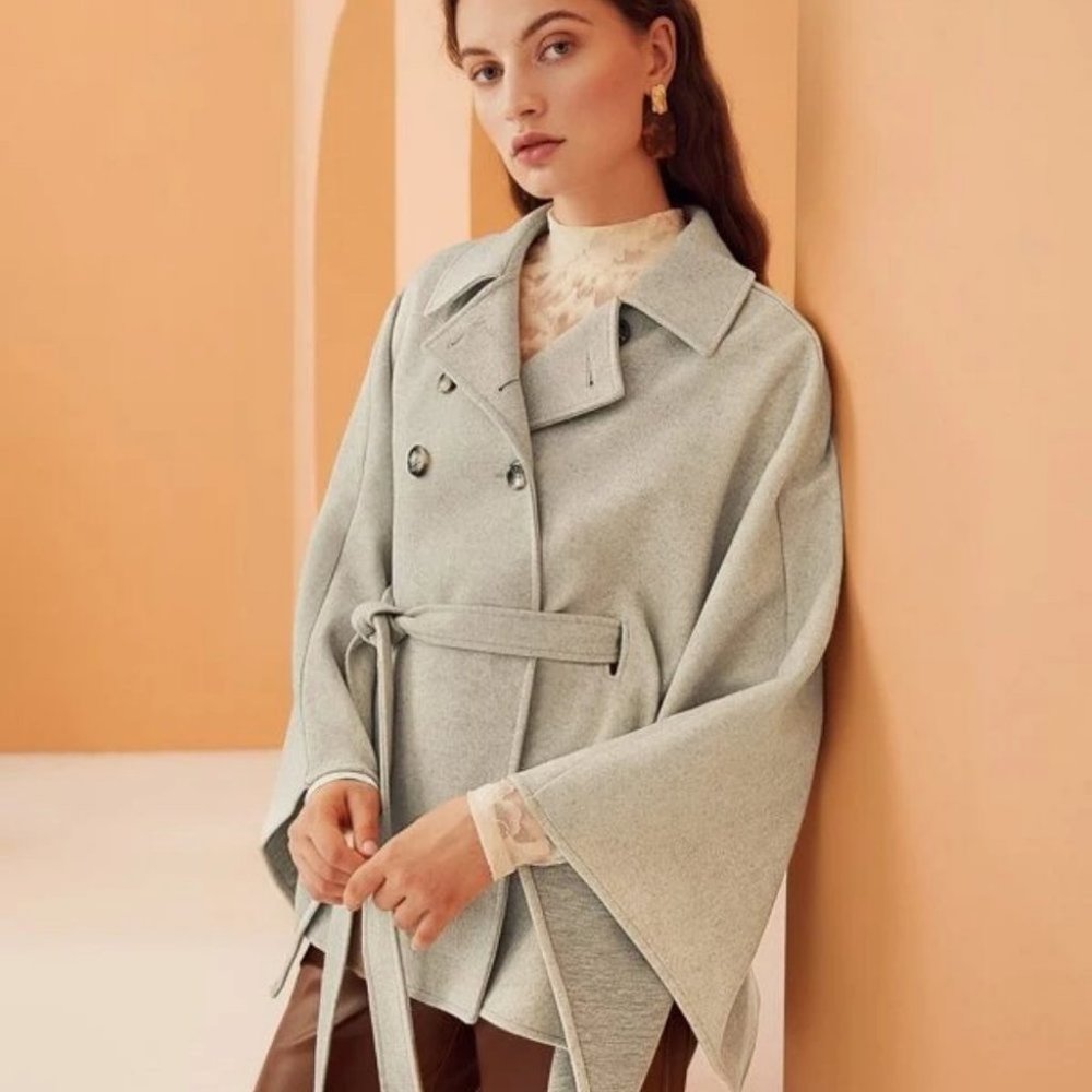 Double Breasted Cloak Sleeve Belted Jacket Cape Overcoat - Picture 9 of 9